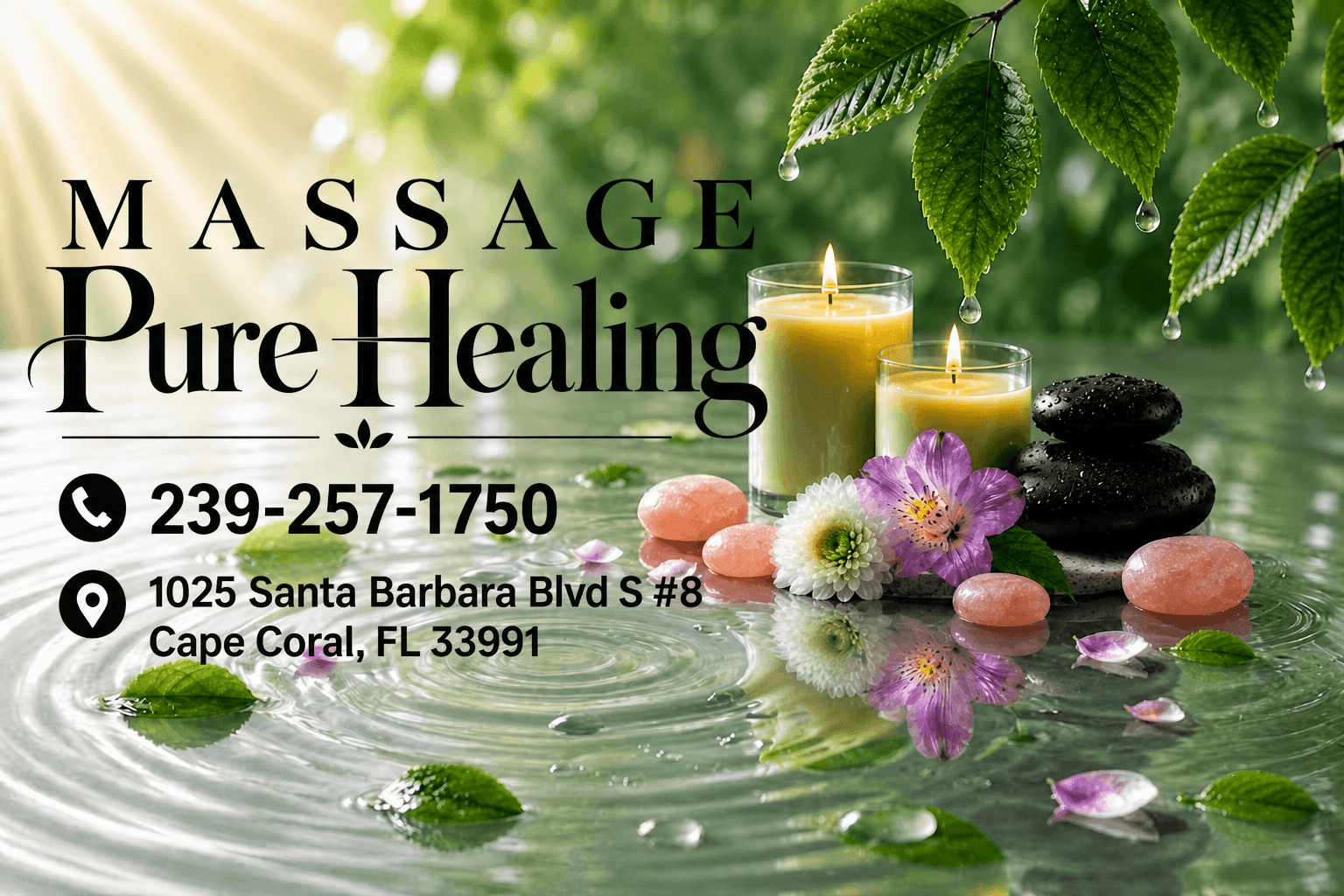 Candles, fresh flowers and black spa stones on the right beside calm water ripples at Massage Pure Healing