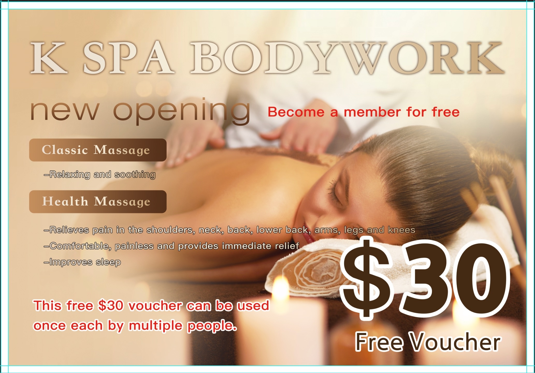 New opening free $30 voucher at K Spa and Bodywork