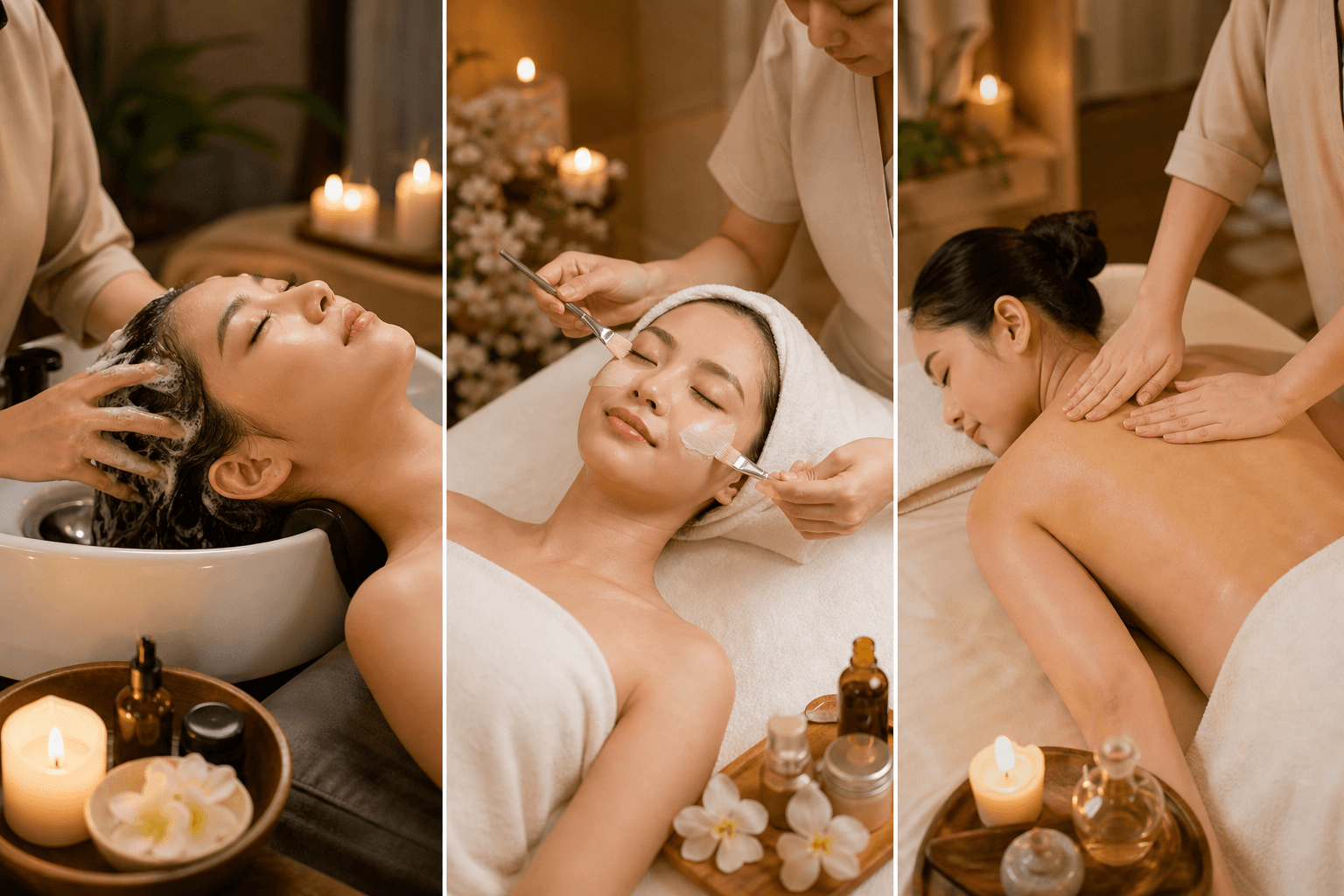 3-in-1 collage of head spa hair wash, facial treatment and back massage in the 3hr Gold Package at Vela Head Spa