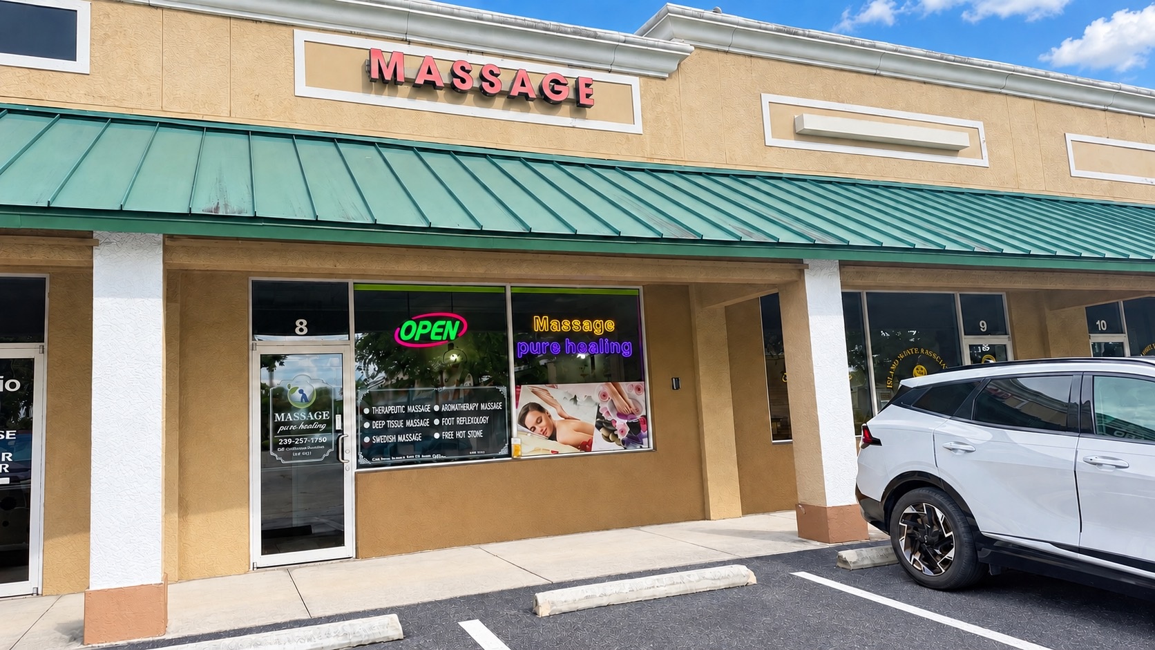 Massage Pure Healing storefront signage in Cape Coral, Florida