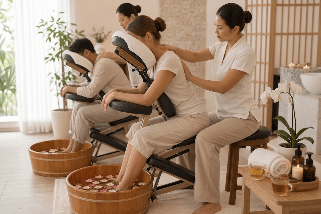 Couple chair back massage and cranial therapy at ABC Foot Spa