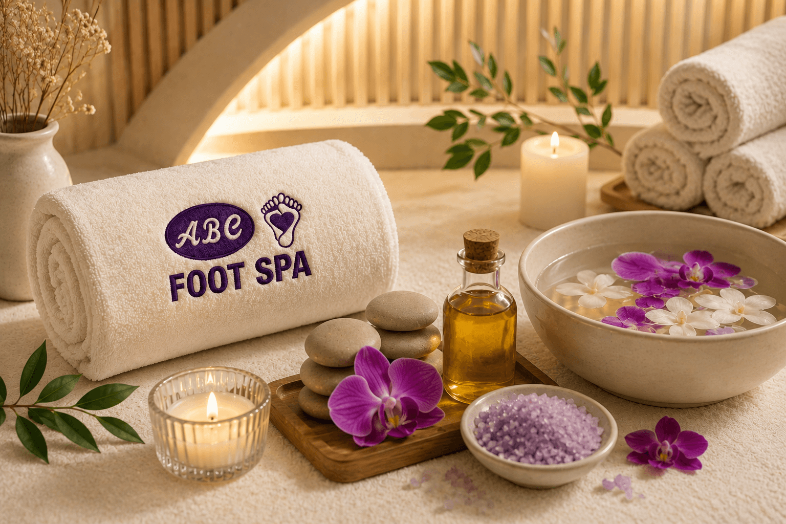 ABC Foot Spa promotional spa scene with embroidered towel
