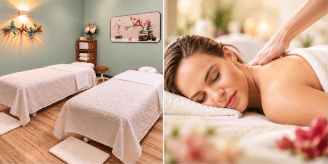 Couples massage room with two tables beside a relaxing back massage at Massage Pure Healing