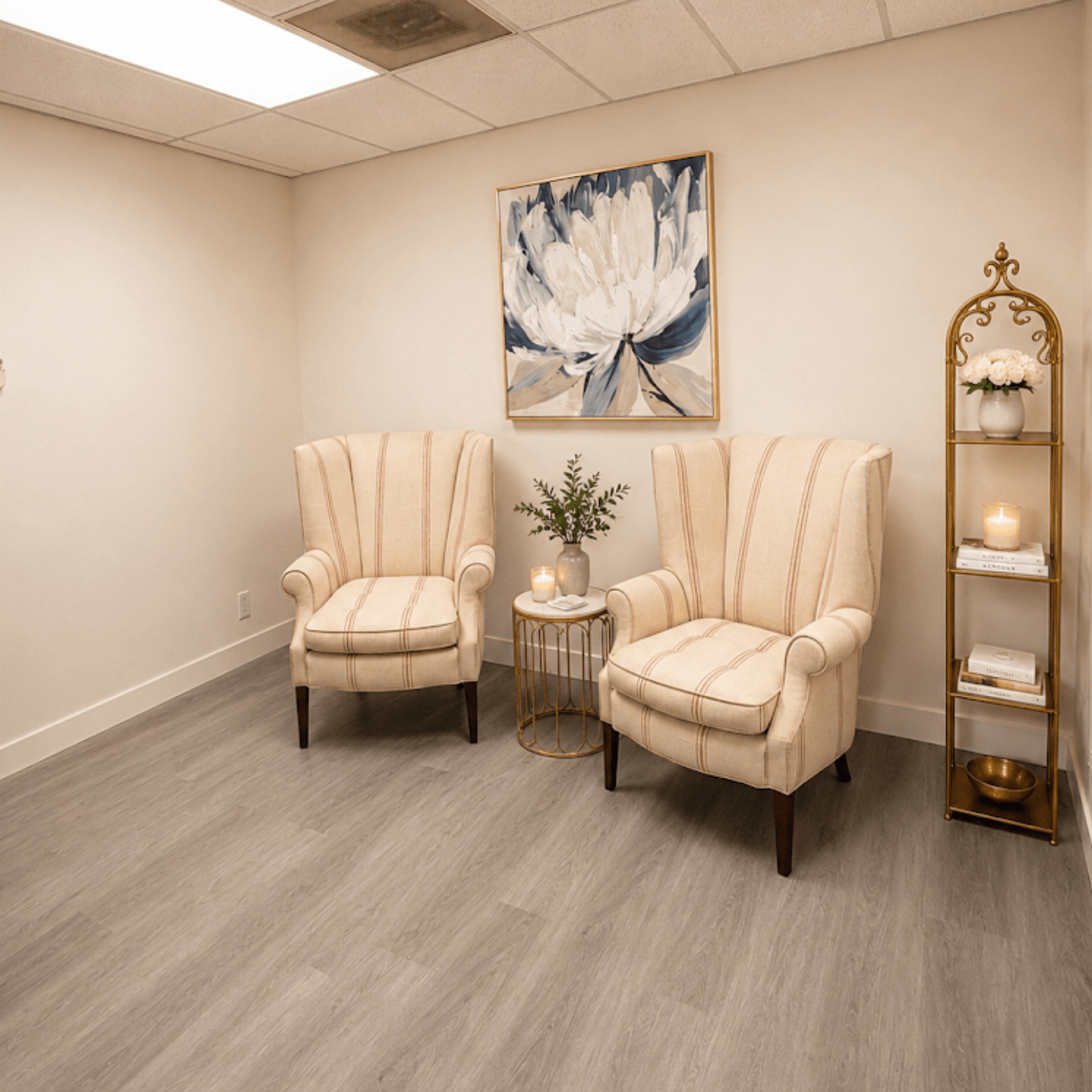 The calming client lounge at Velora Aesthetics in Monterey Park