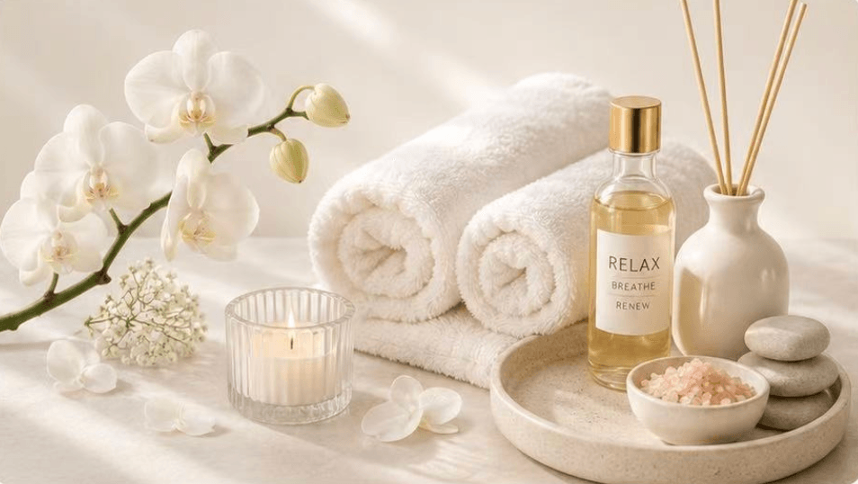 Spa ambiance with white orchids, lit candle, rolled white towels, RELAX BREATHE RENEW bottle, pink bath salts bowl, smooth stones, and reed diffusers