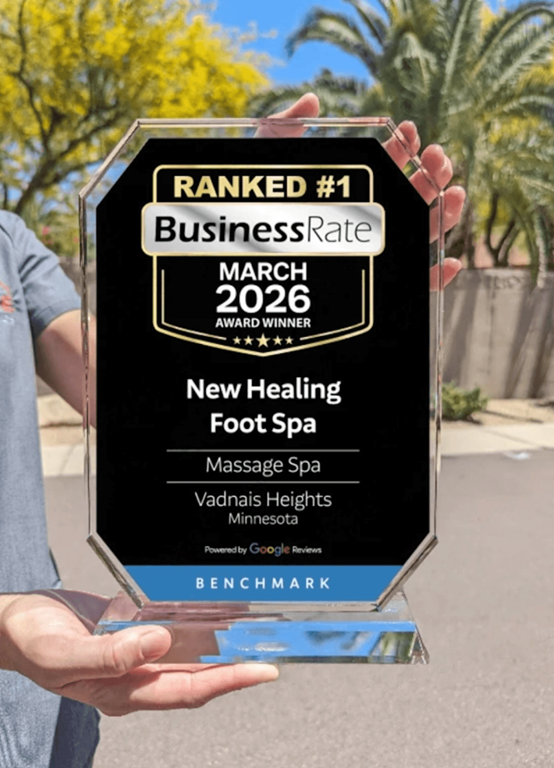 BusinessRate #1 Ranked 2026 Award Winner plaque presented to New Healing Massage
