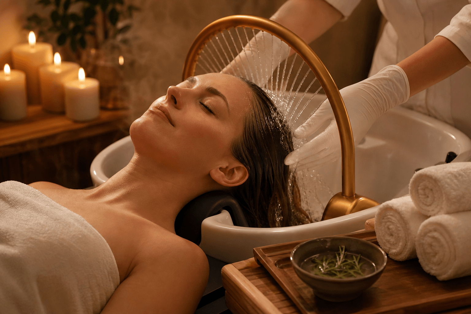 Guest reclining at a golden arch water-ring head spa basin while a gloved therapist rinses her hair in a warm candle-lit room at Vela Head Spa